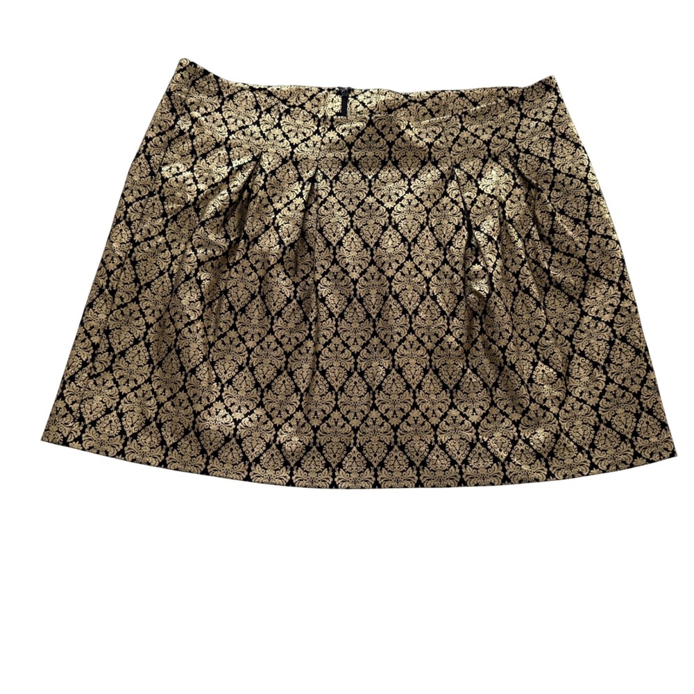 Old Navy Mini Skirt Women Size 20 Black Gold Damask Brocade Pleated Pockets